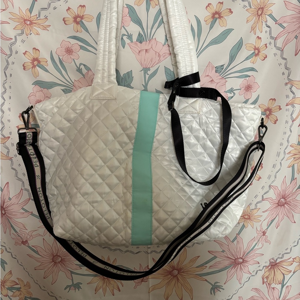 Peloton Stylish White Quilted Tote Bag with Mint Accent removable black strap